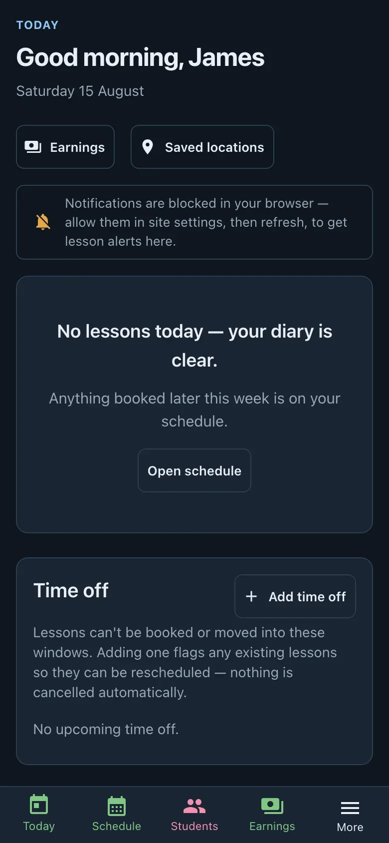 Passdesk instructor's Today screen on a phone: greeting, today's lessons and time off, with the bottom navigation.