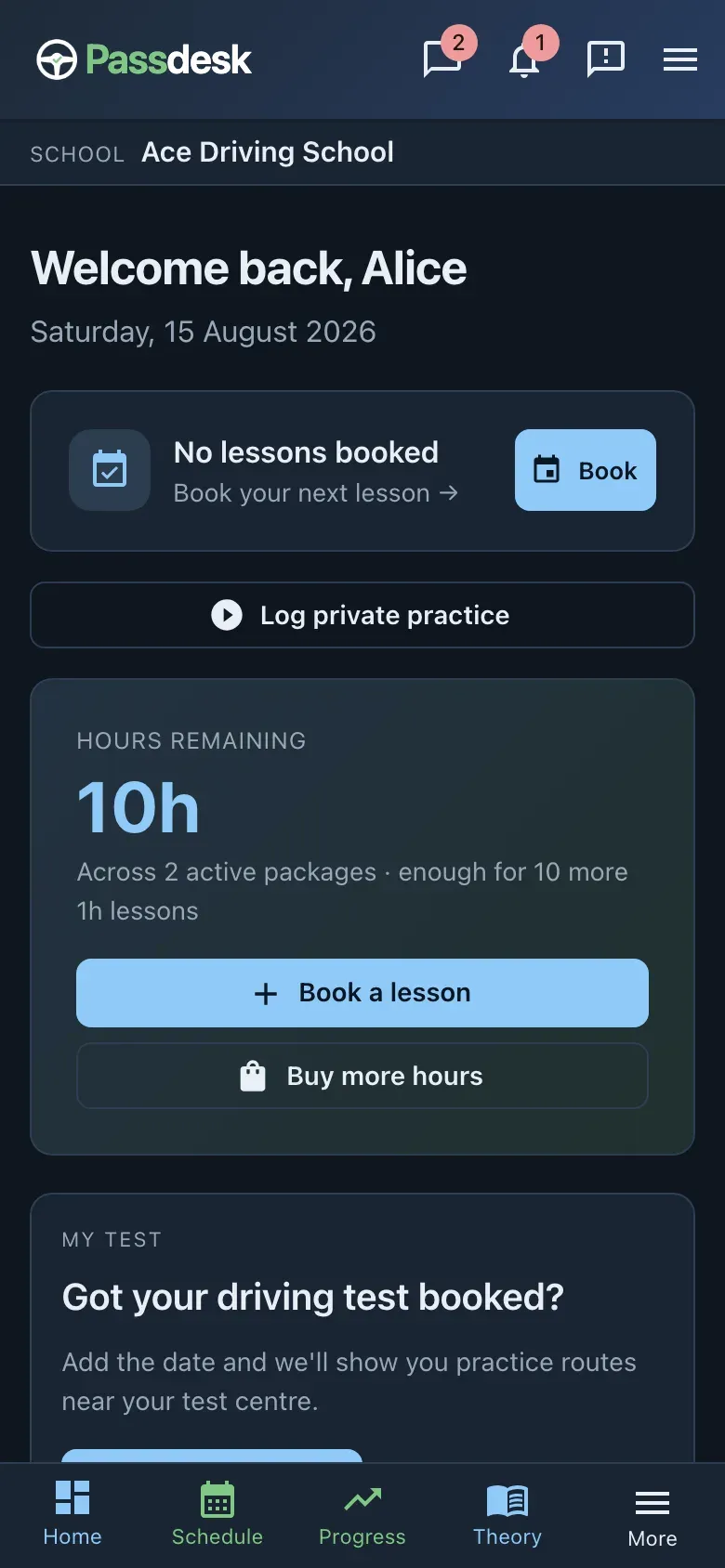 Passdesk student home on a phone: next lesson, hours remaining, book-a-lesson and log-private-practice actions.
